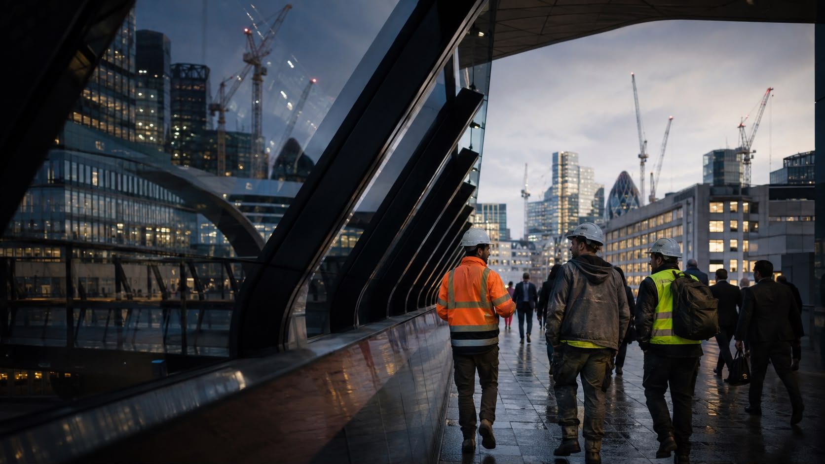 Construction professionals walking through London's business district as cranes rise across the skyline.