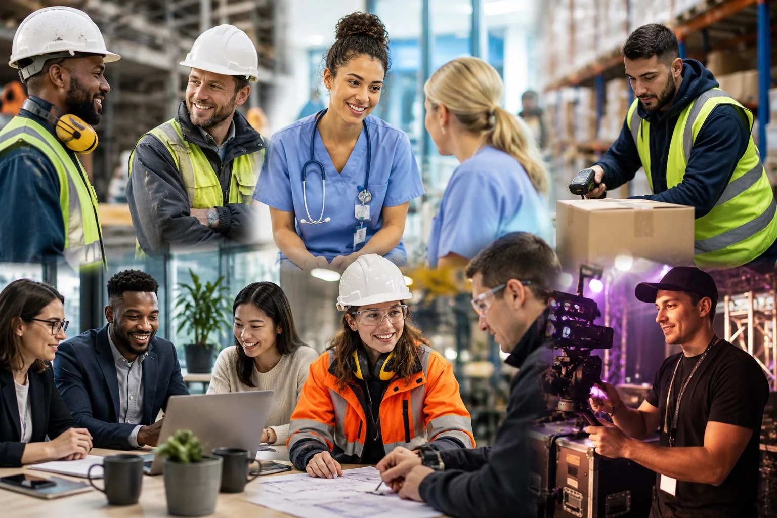 Diverse workforce collage showing construction, healthcare, film, logistics and professional teams
